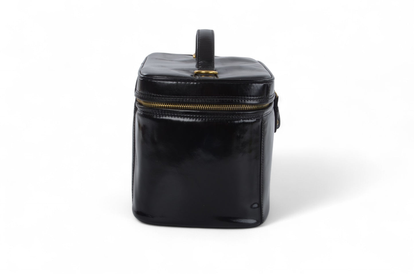 Chanel Vanity Bag CC Logo Vintage Patent Leather Black Enamel Make Up Box Designer Classic