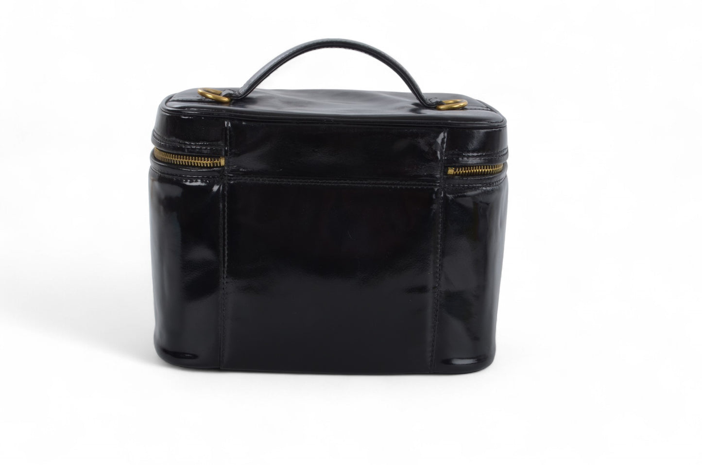 Chanel Vanity Bag CC Logo Vintage Patent Leather Black Enamel Make Up Box Designer Classic