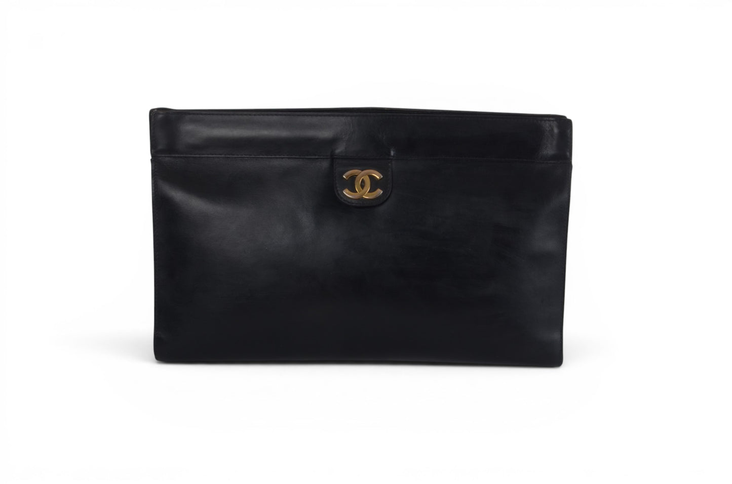 Chanel Clutch Leather Black Bag CC Logo Gold Vintage Designer Classic
