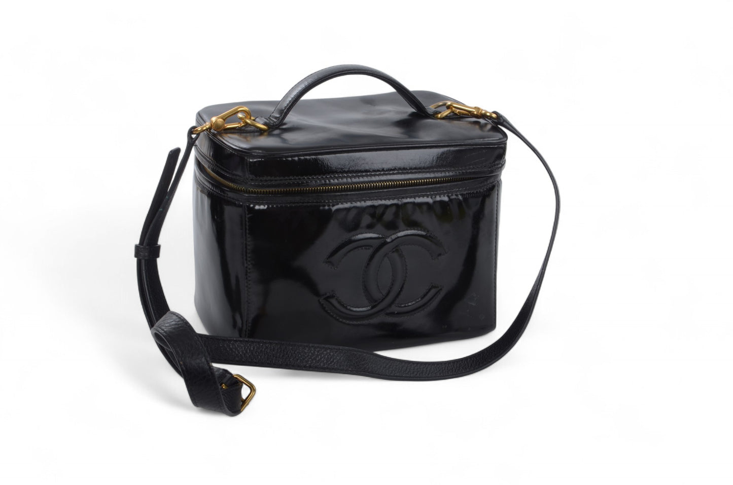 Chanel Vanity Bag CC Logo Vintage Patent Leather Black Enamel Make Up Box Designer Classic