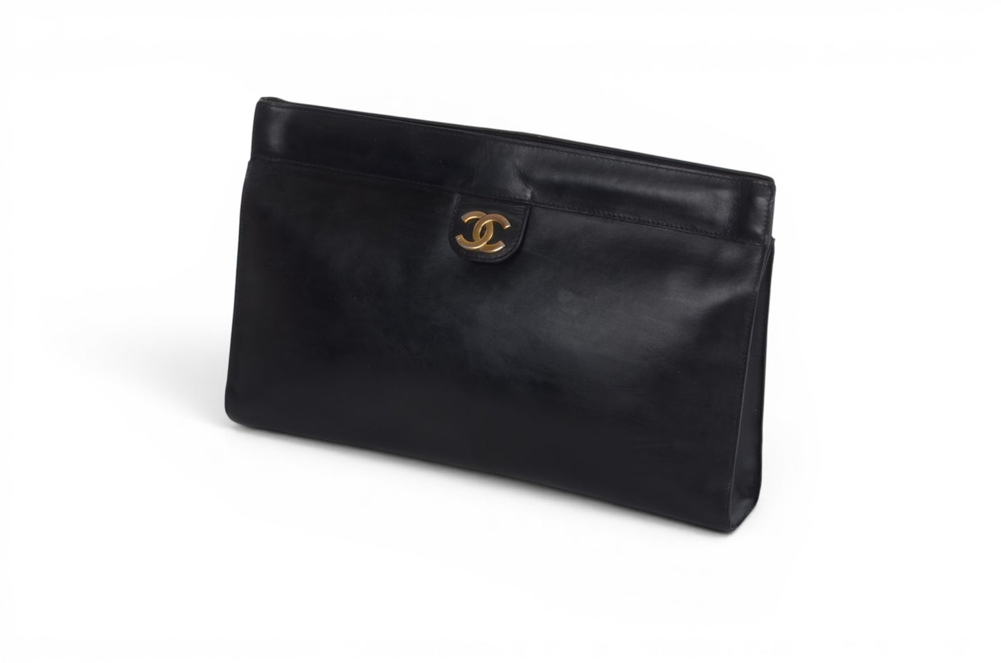 Chanel Clutch Leather Black Bag CC Logo Gold Vintage Designer Classic