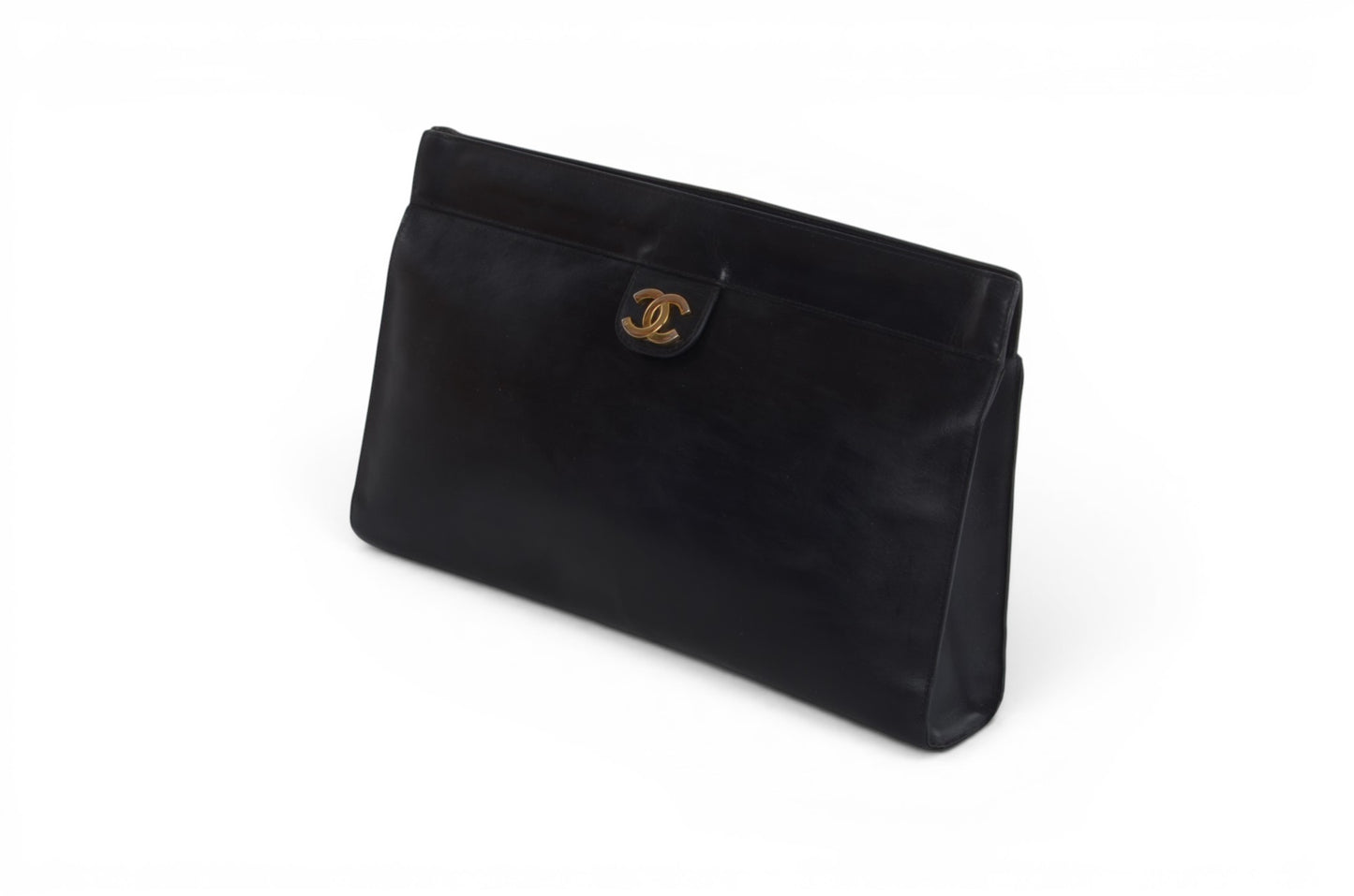 Chanel Clutch Leather Black Bag CC Logo Gold Vintage Designer Classic