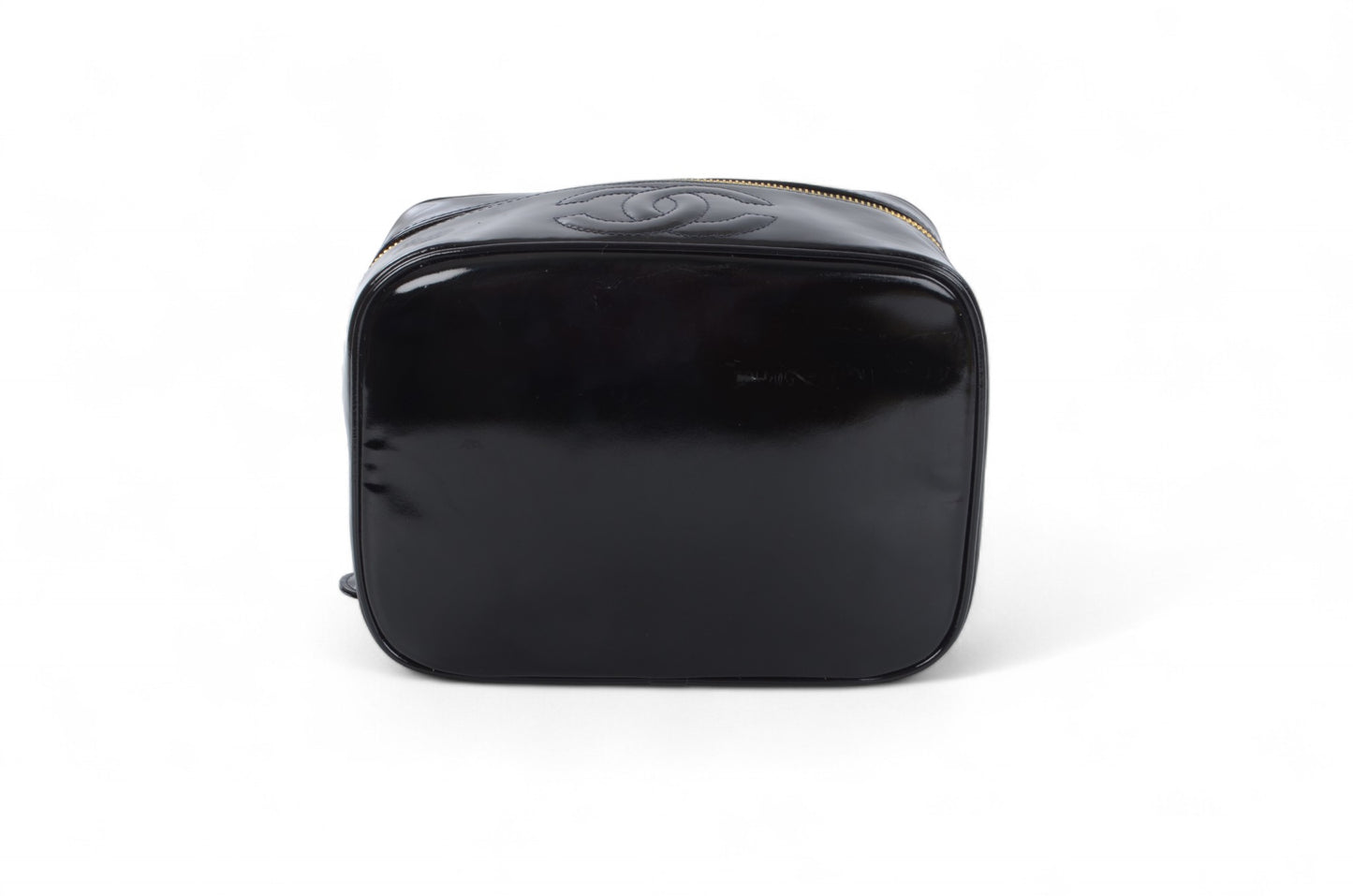 Chanel Vanity Bag CC Logo Vintage Patent Vinyl Leather Black Enamel Make Up Box Designer Classic