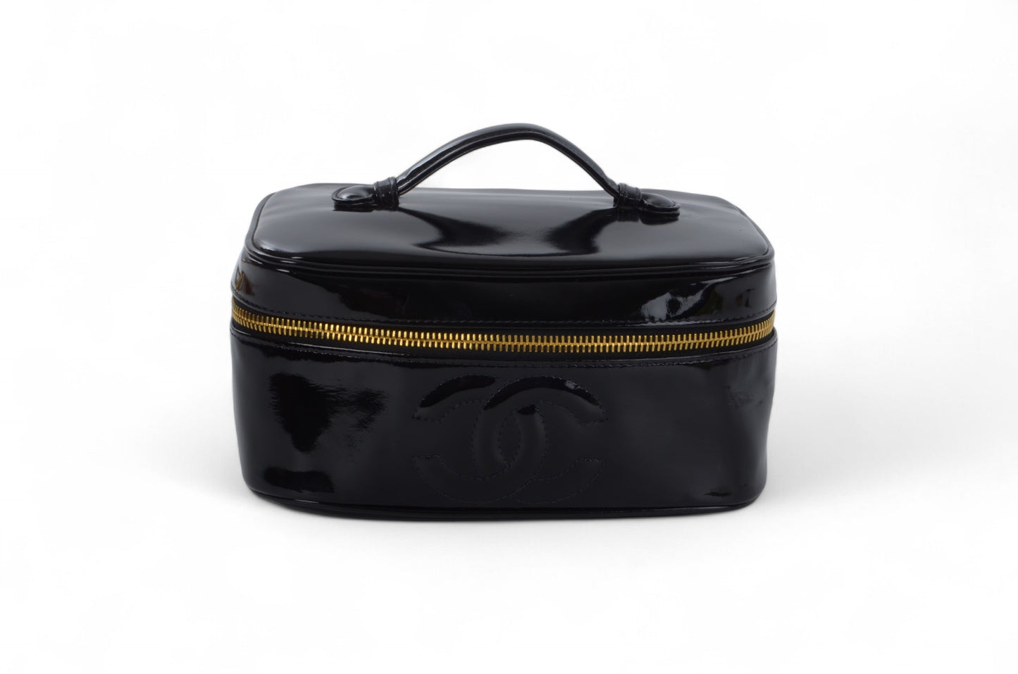 Chanel Vanity Bag CC Logo Vintage Patent Vinyl Leather Black Enamel Make Up Box Designer Classic