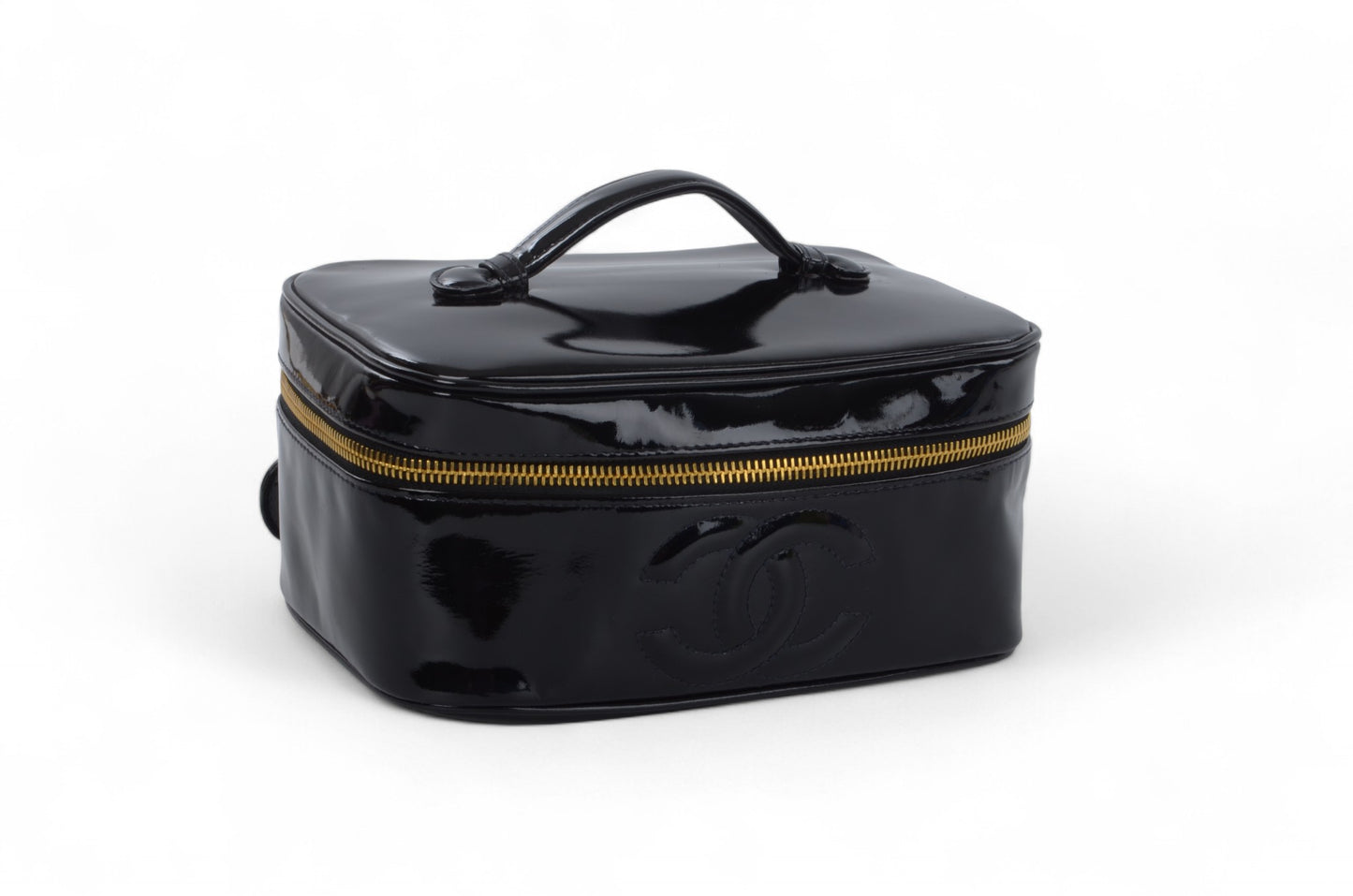 Chanel Vanity Bag CC Logo Vintage Patent Vinyl Leather Black Enamel Make Up Box Designer Classic