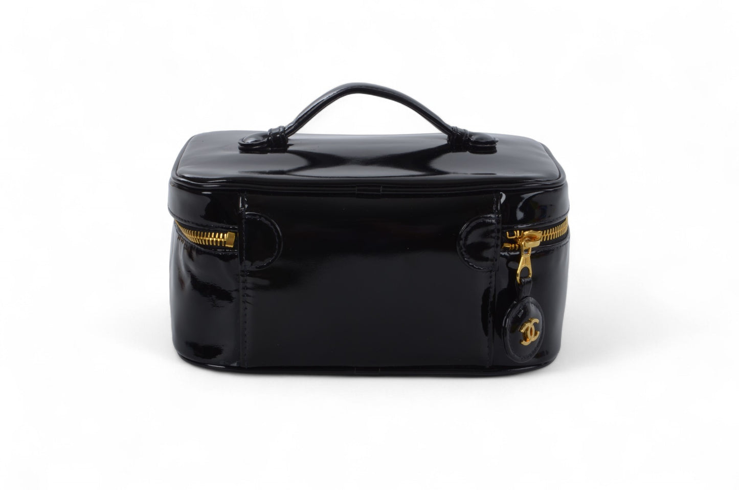 Chanel Vanity Bag CC Logo Vintage Patent Vinyl Leather Black Enamel Make Up Box Designer Classic