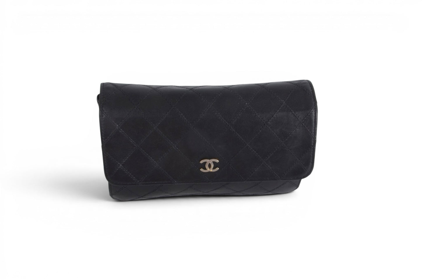 Chanel Clutch Quilted Lambskin Leather Flap Bag Matelasse Black CC Logo Vintage Designer Classic