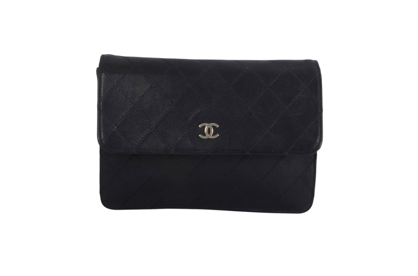 Chanel Clutch Quilted Lambskin Leather Flap Bag Matelasse Black CC Logo Vintage Designer Classic
