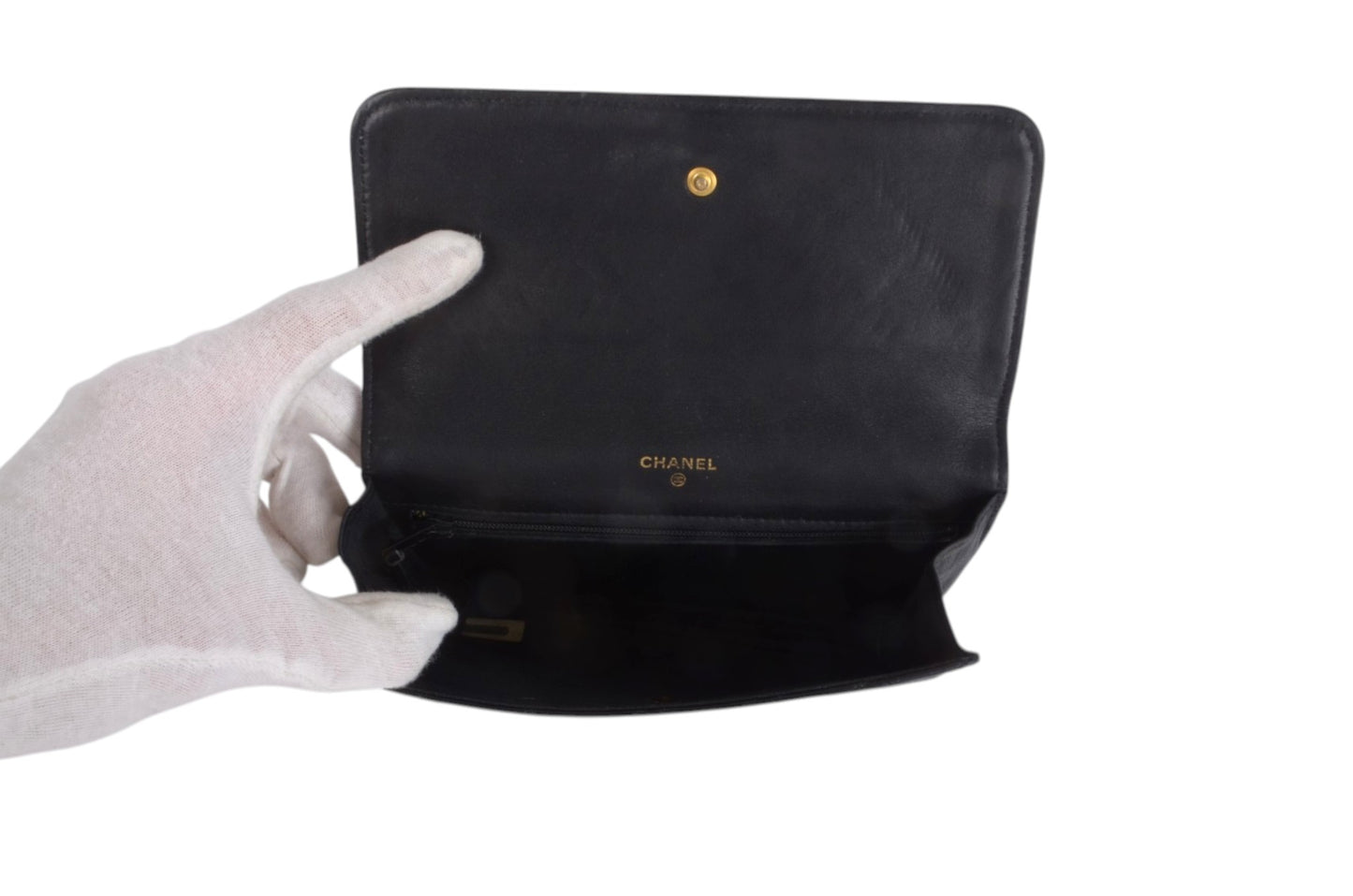 Chanel Clutch Quilted Lambskin Leather Flap Bag Matelasse Black CC Logo Vintage Designer Classic