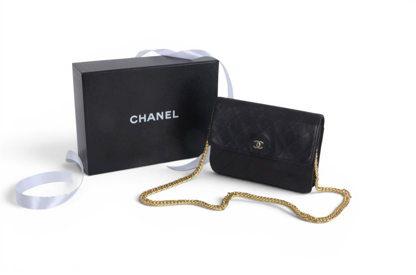Chanel Clutch Quilted Lambskin Leather Flap Bag Matelasse Black CC Logo Vintage Designer Classic