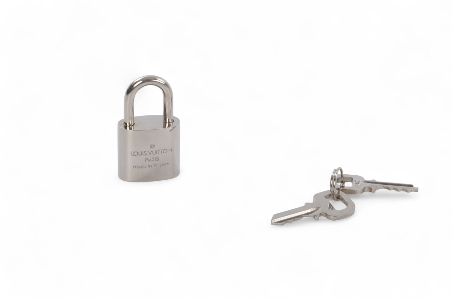 Louis Vuitton Padlock Lock with Keys Silver tone Metal Vintage Pendant Authentic Designer Classic Charm Cadena