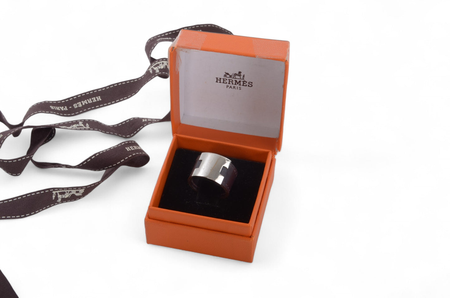 Hermès Lurie Ring H Logo Silver Hardware Ring Accessory Silver x Dark Brown Vintage Designer Classic Jewelry