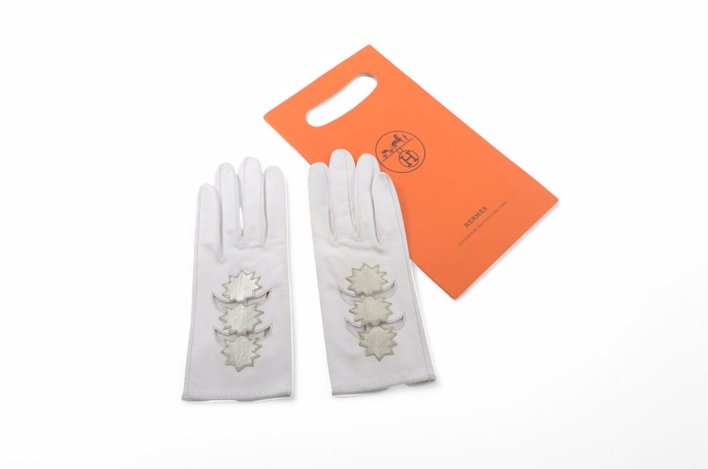 Hermès White Leather Gloves Stars Vintage Silver Size 7.5