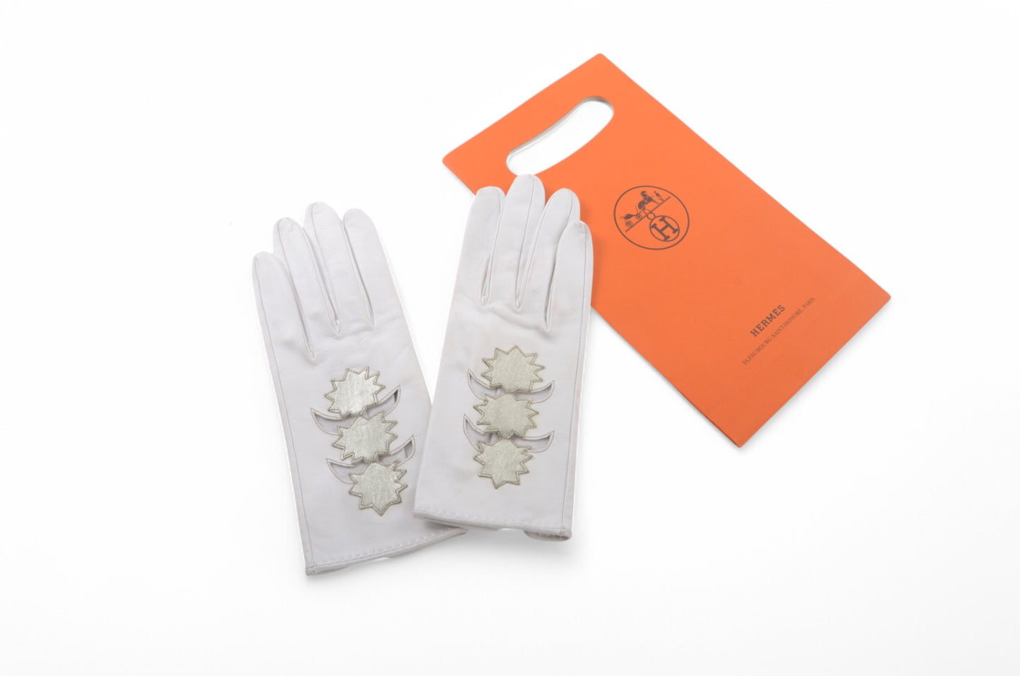 Hermès White Leather Gloves Stars Vintage Silver Size 7.5