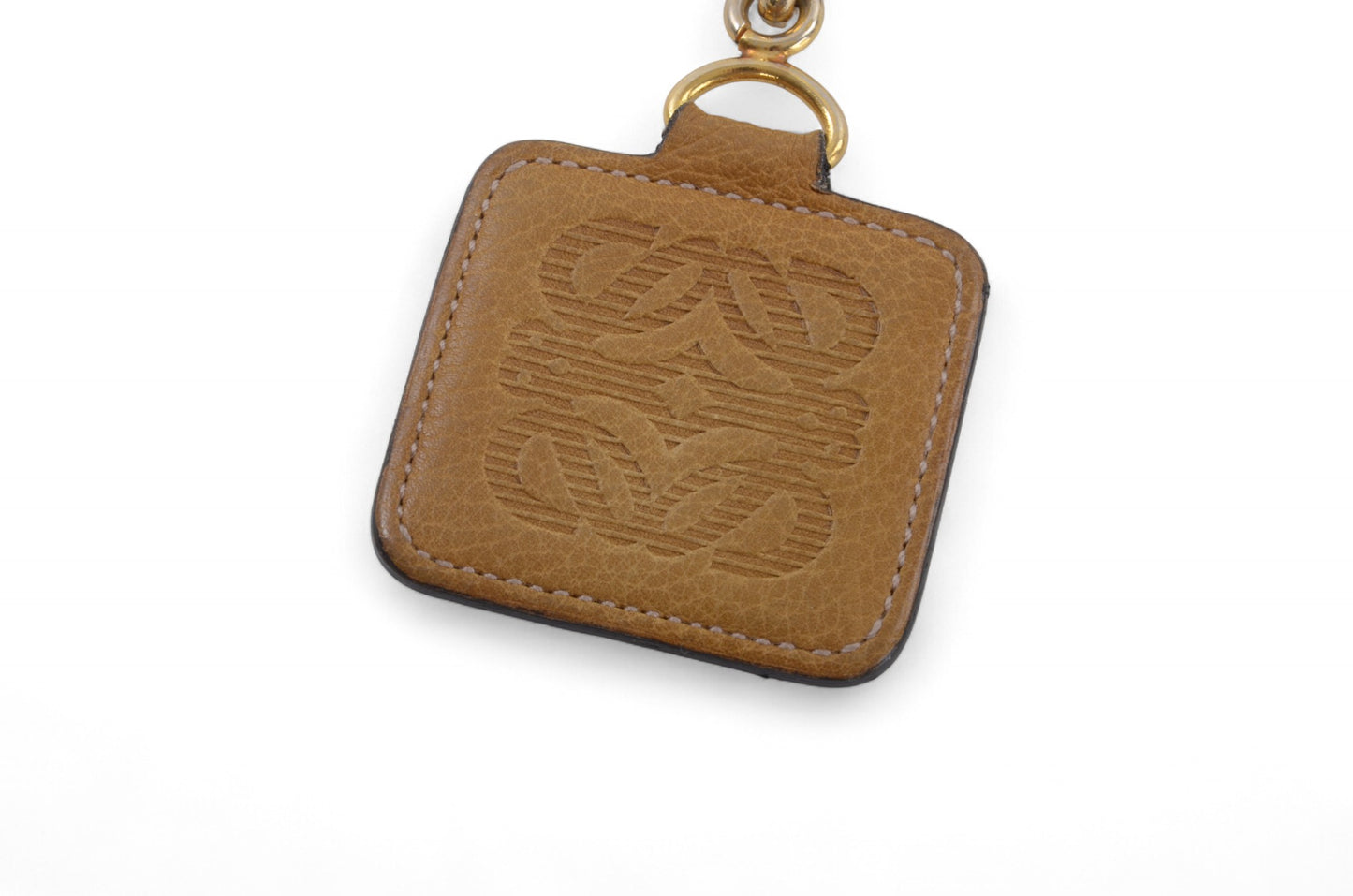 Loewe Anagram Gold tone Leather Key Chain Holder Keyring Bag Charm Accessory Brown Designer Classic