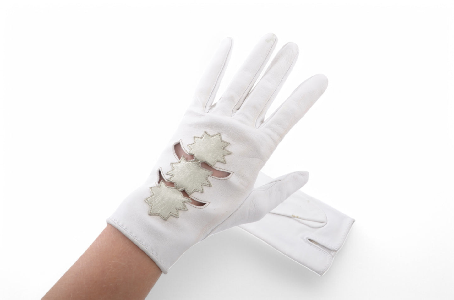 Hermès White Leather Gloves Stars Vintage Silver Size 7.5