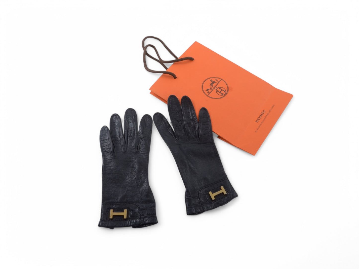 Hermès Black Leather Gloves Logo H Vintage Gold Size 6.5