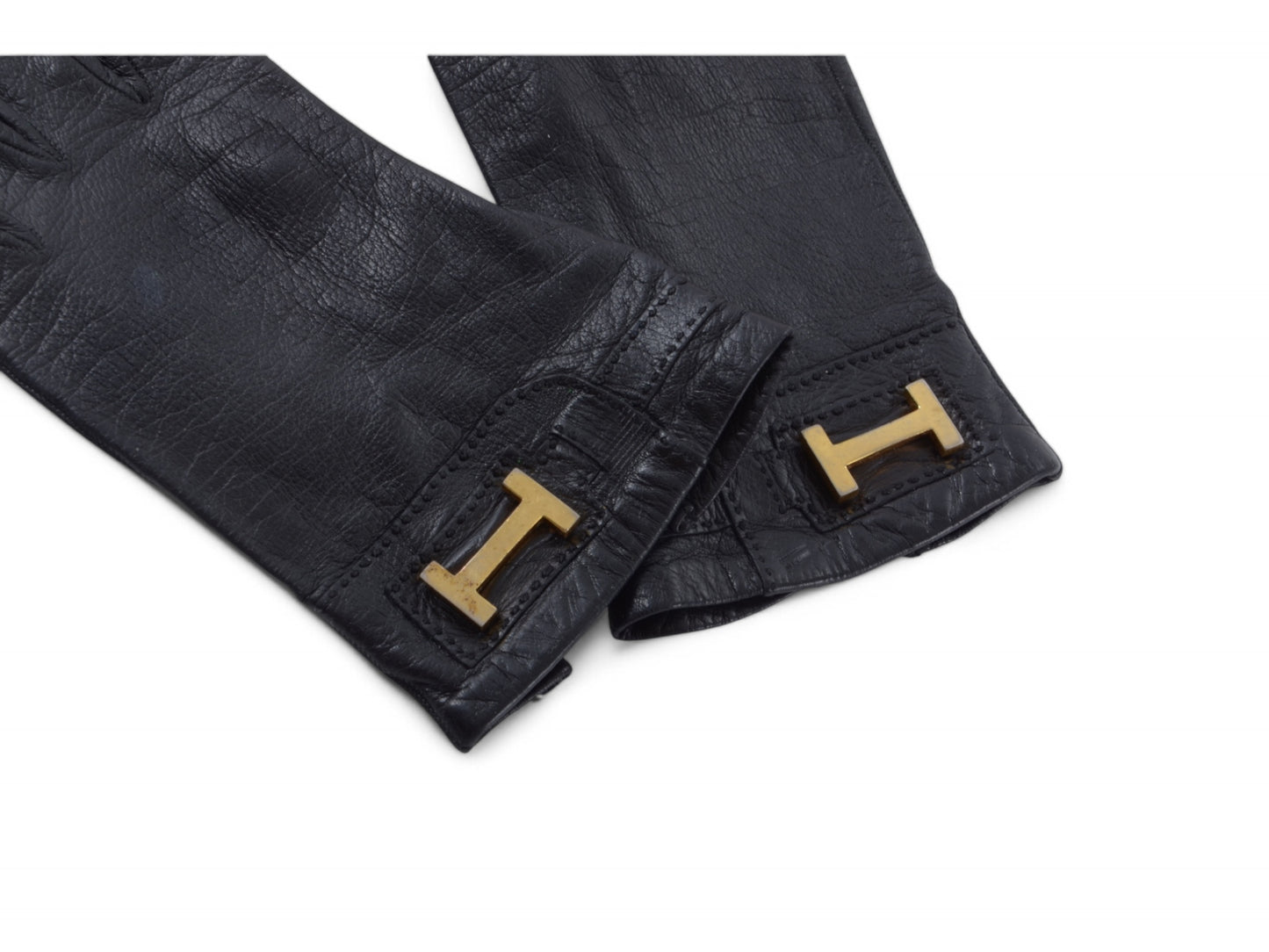 Hermès Black Leather Gloves Logo H Vintage Gold Size 6.5