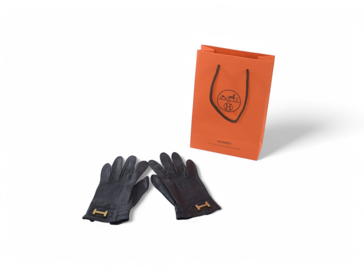 Hermès Black Leather Gloves Logo H Vintage Gold Size 6.5