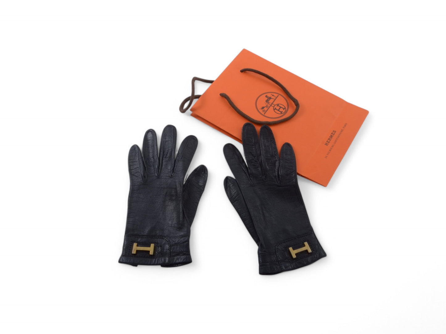 Hermès Black Leather Gloves Logo H Vintage Gold Size 6.5