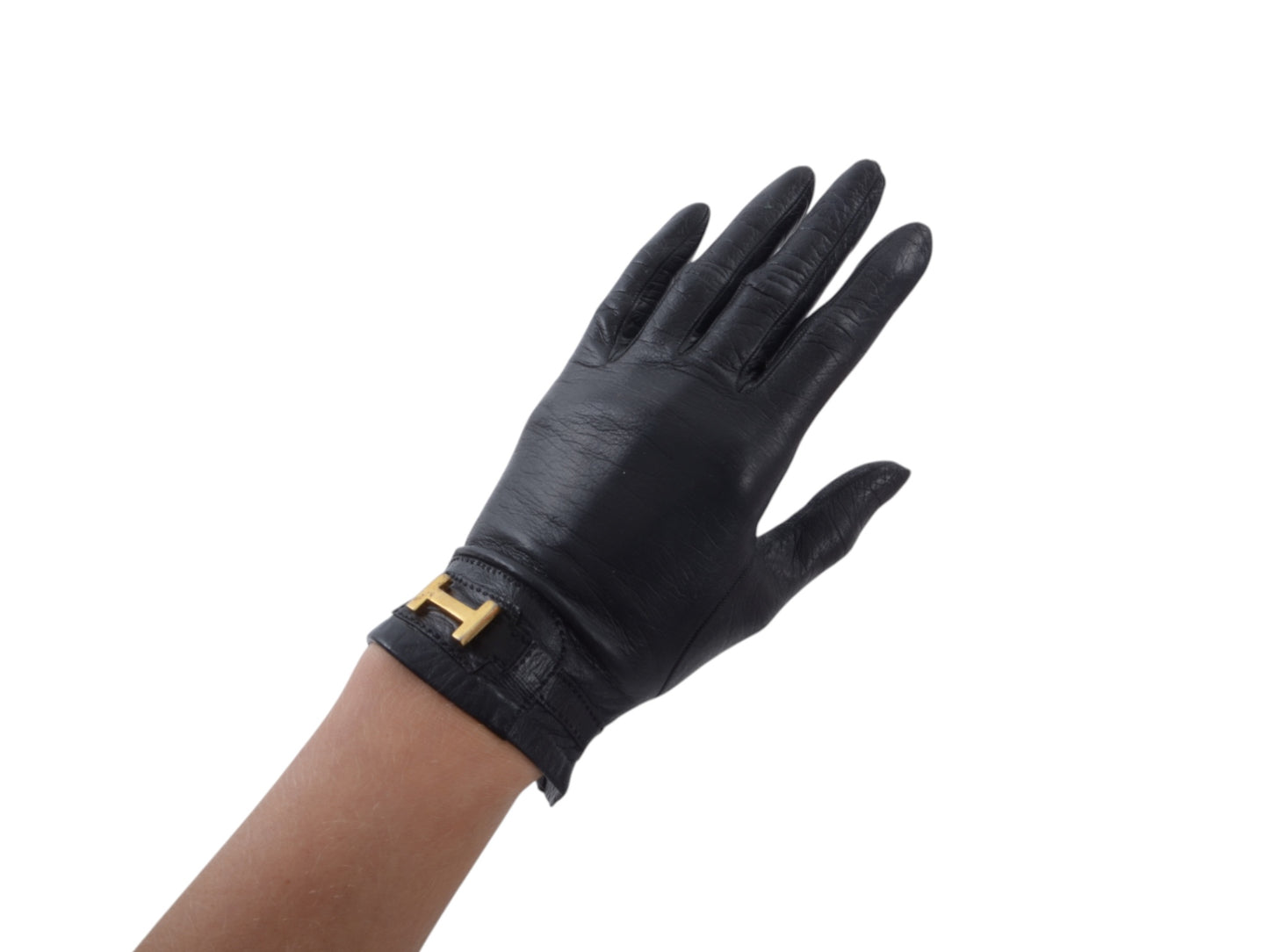 Hermès Black Leather Gloves Logo H Vintage Gold Size 6.5