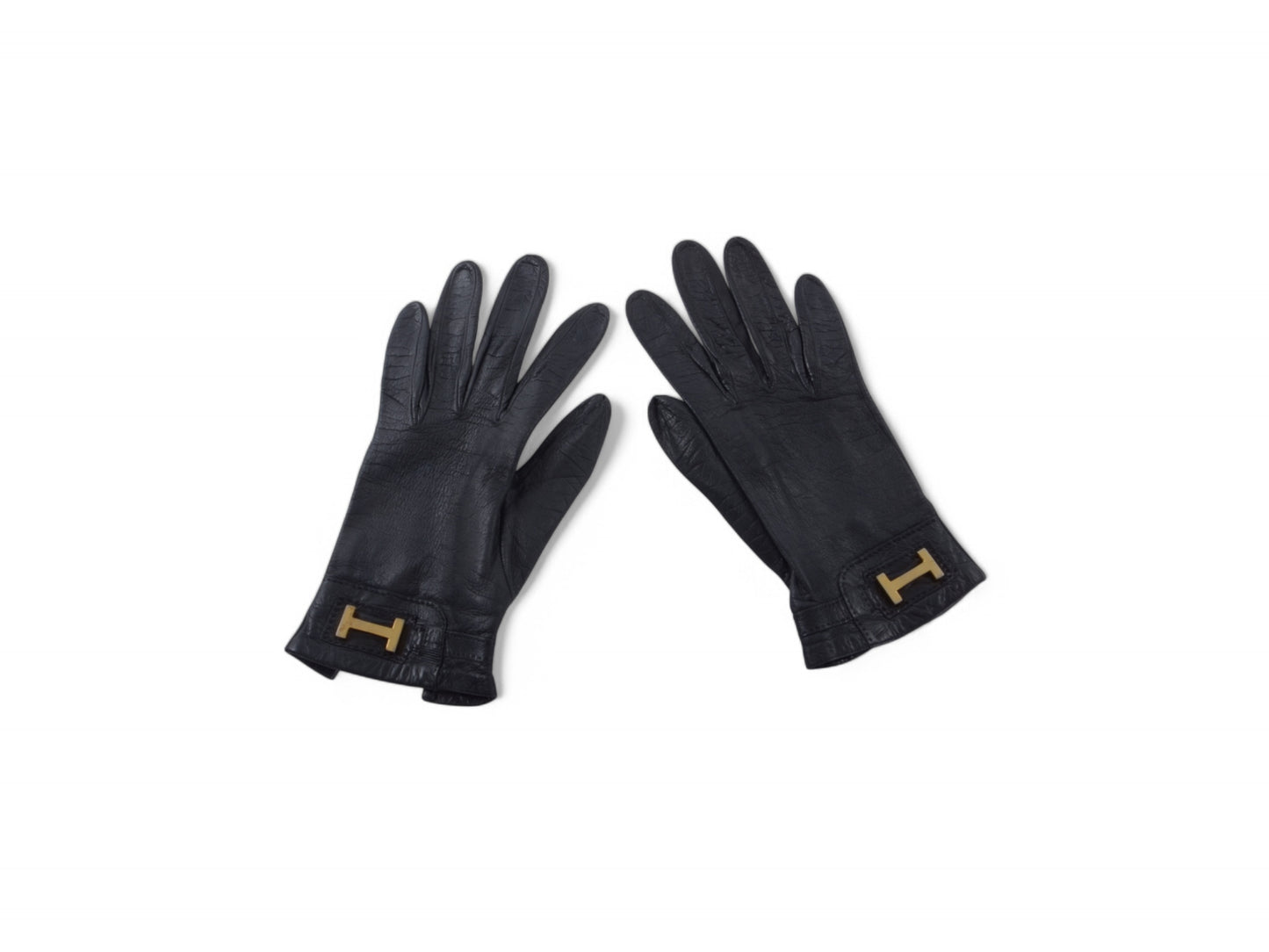 Hermès Black Leather Gloves Logo H Vintage Gold Size 6.5