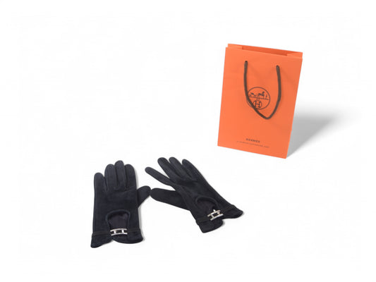 Hermès Black Suede Gloves Vintage Silver Size 6.5