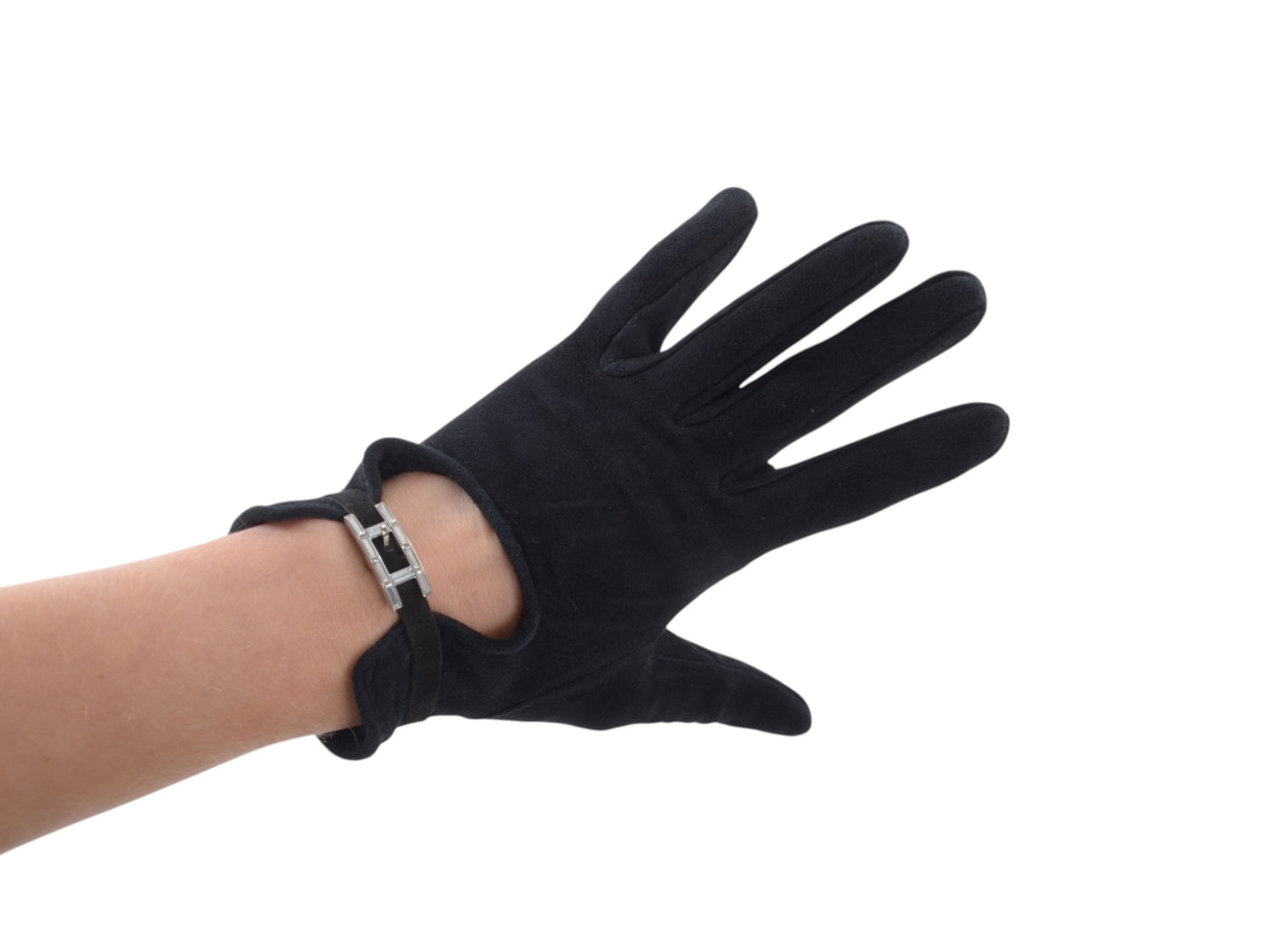 Hermès Black Suede Gloves Vintage Silver Size 6.5