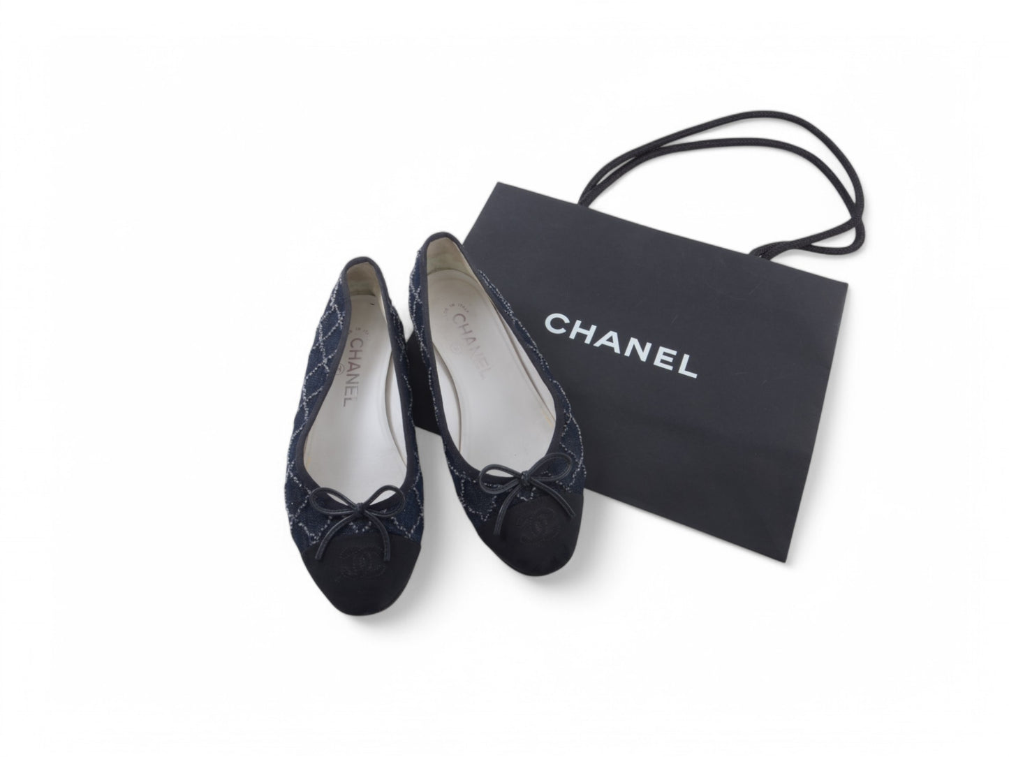 Chanel Ballet Flats Denim Shoes Ballerina Flat Pumps Ribbon Logo Size 36,5 C