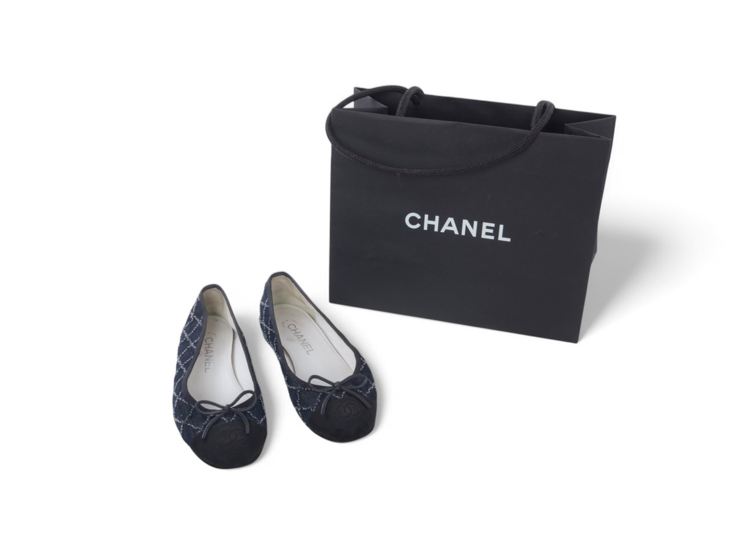 Chanel Ballet Flats Denim Shoes Ballerina Flat Pumps Ribbon Logo Size 36,5 C
