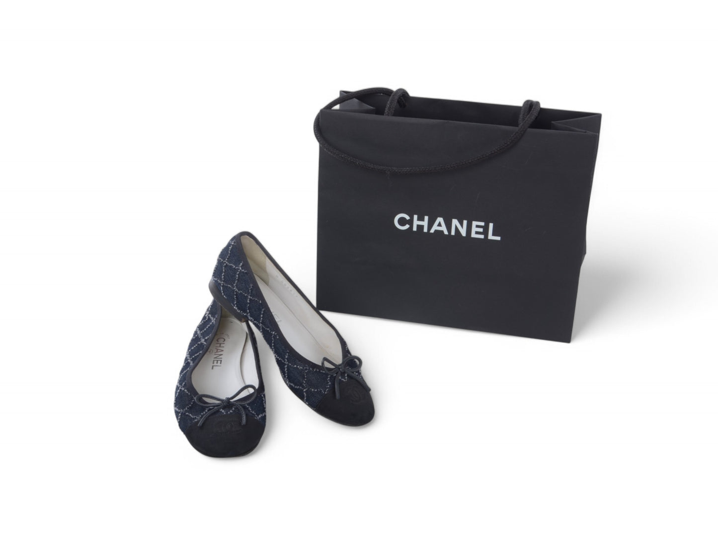 Chanel Ballet Flats Denim Shoes Ballerina Flat Pumps Ribbon Logo Size 36,5 C