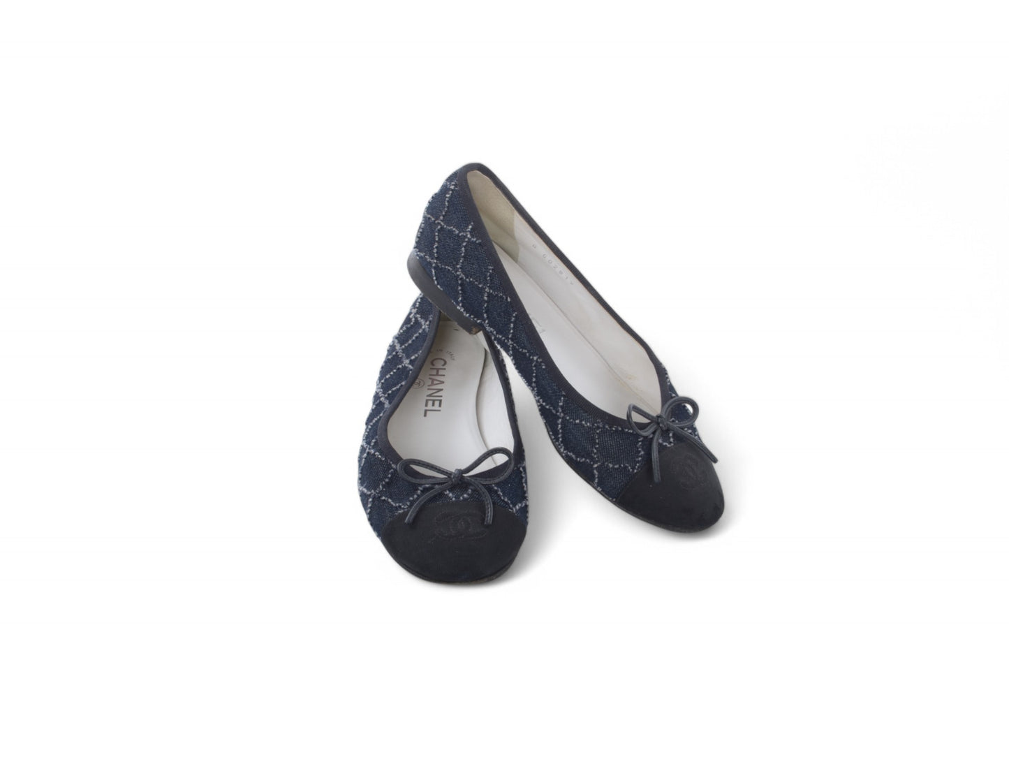 Chanel Ballet Flats Denim Shoes Ballerina Flat Pumps Ribbon Logo Size 36,5 C