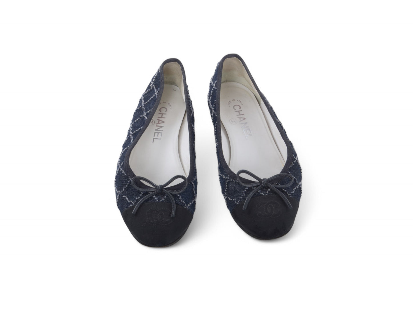 Chanel Ballet Flats Denim Shoes Ballerina Flat Pumps Ribbon Logo Size 36,5 C
