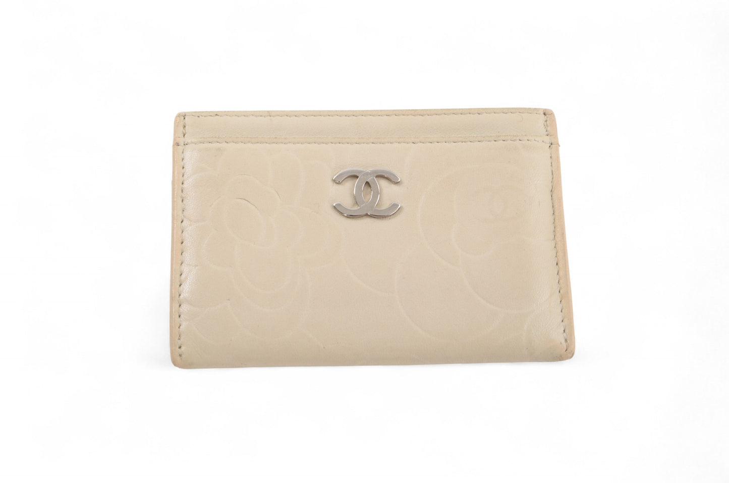 Chanel Coco Camellia Lambskin Leather Cream Card Case Wallet Holder Cardholder Vintage Designer Classic Authentic Beige Silver