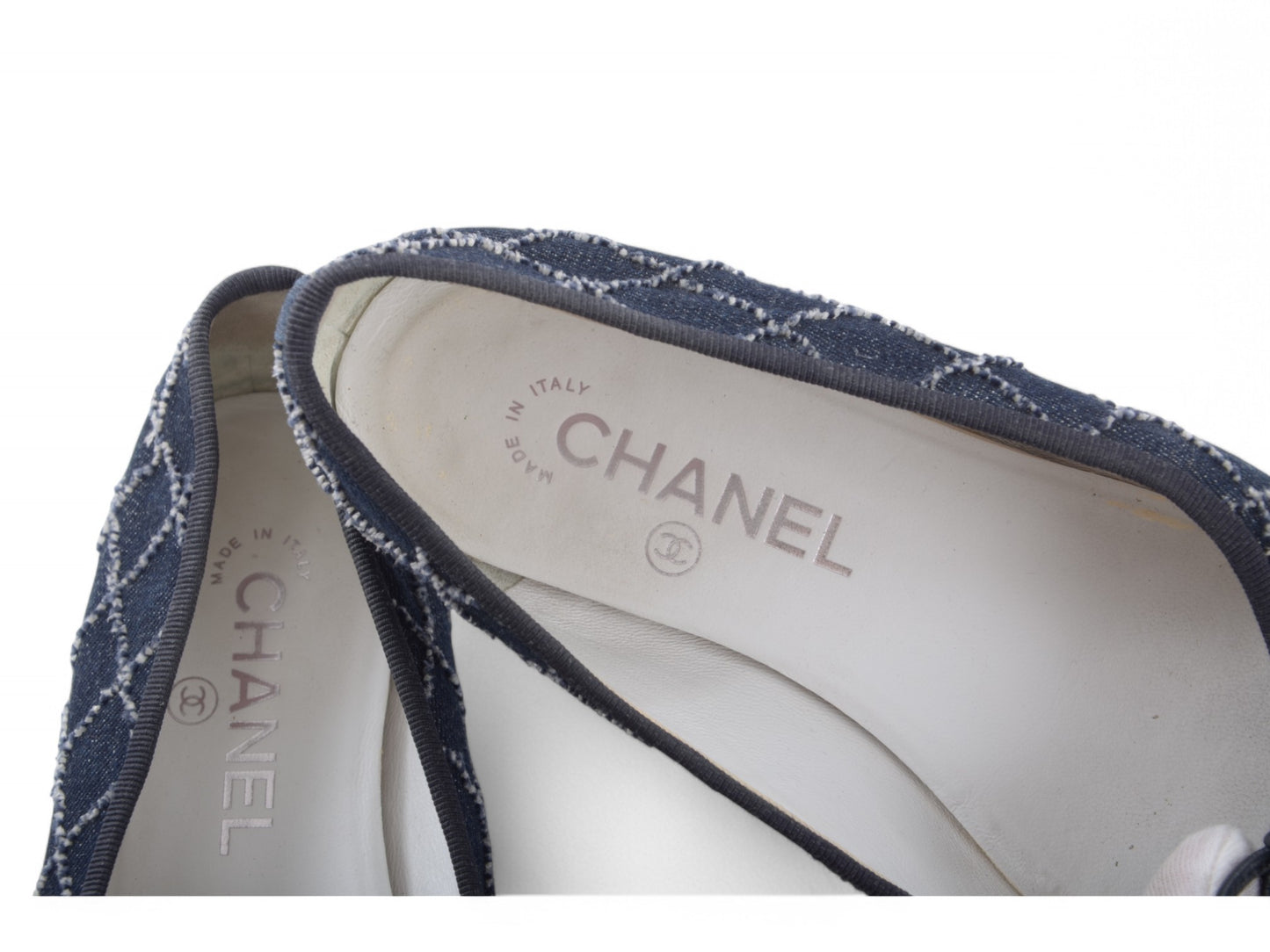 Chanel Ballet Flats Denim Shoes Ballerina Flat Pumps Ribbon Logo Size 36,5 C
