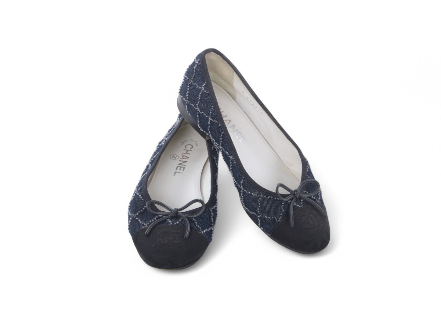 Chanel Ballet Flats Denim Shoes Ballerina Flat Pumps Ribbon Logo Size 36,5 C