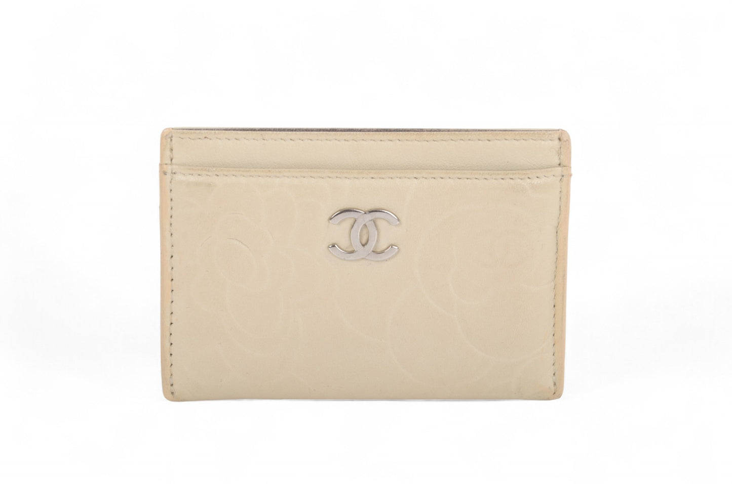 Chanel Coco Camellia Lambskin Leather Cream Card Case Wallet Holder Cardholder Vintage Designer Classic Authentic Beige Silver