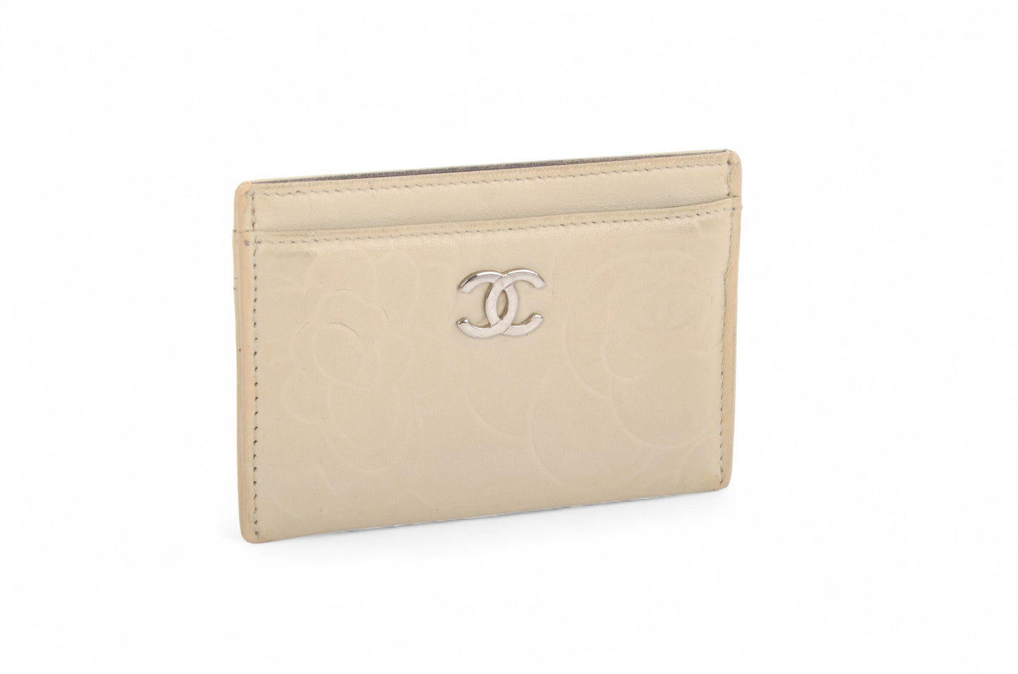 Chanel Coco Camellia Lambskin Leather Cream Card Case Wallet Holder Cardholder Vintage Designer Classic Authentic Beige Silver
