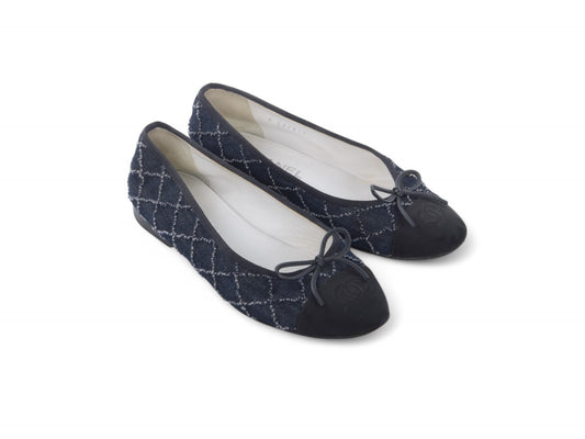 Chanel Ballet Flats Denim Shoes Ballerina Flat Pumps Ribbon Logo Size 36,5 C