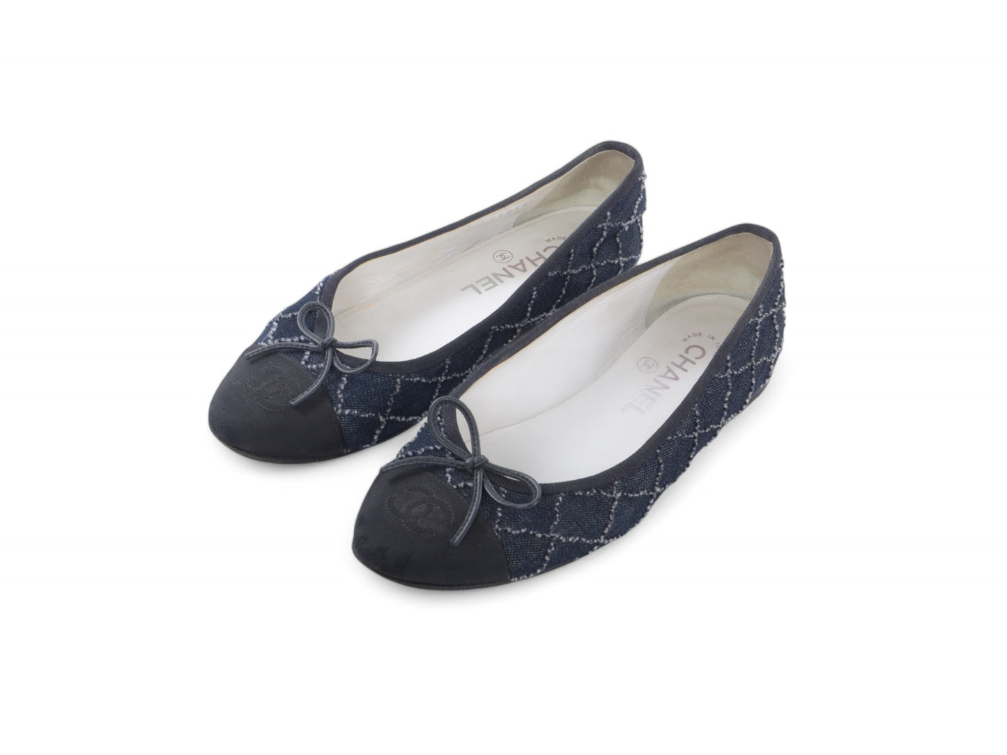 Chanel Ballet Flats Denim Shoes Ballerina Flat Pumps Ribbon Logo Size 36,5 C