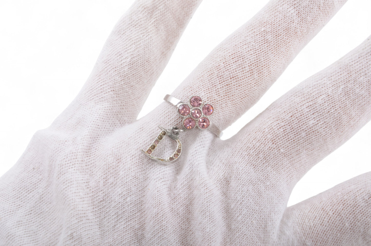 Christian Dior Flower Band Ring Stone Silver tone Metal Rhinestone Vintage Designer Classic Pink