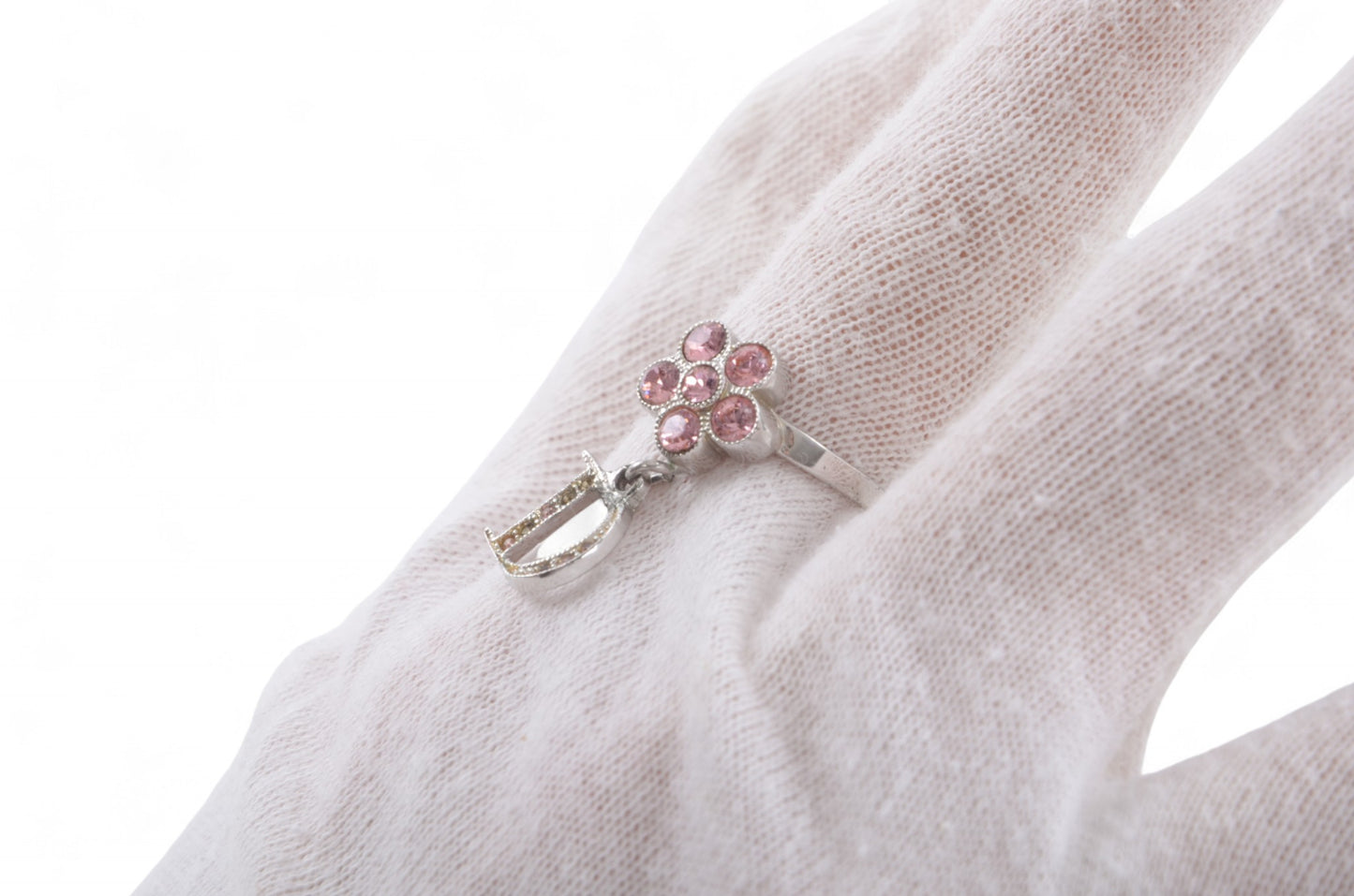 Christian Dior Flower Band Ring Stone Silver tone Metal Rhinestone Vintage Designer Classic Pink