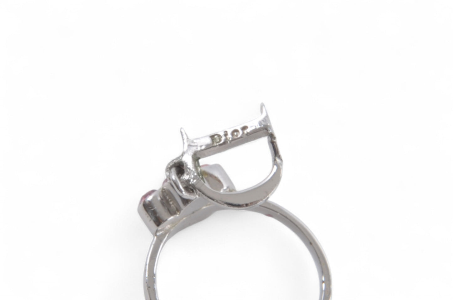 Christian Dior Flower Band Ring Stone Silver tone Metal Rhinestone Vintage Designer Classic Pink