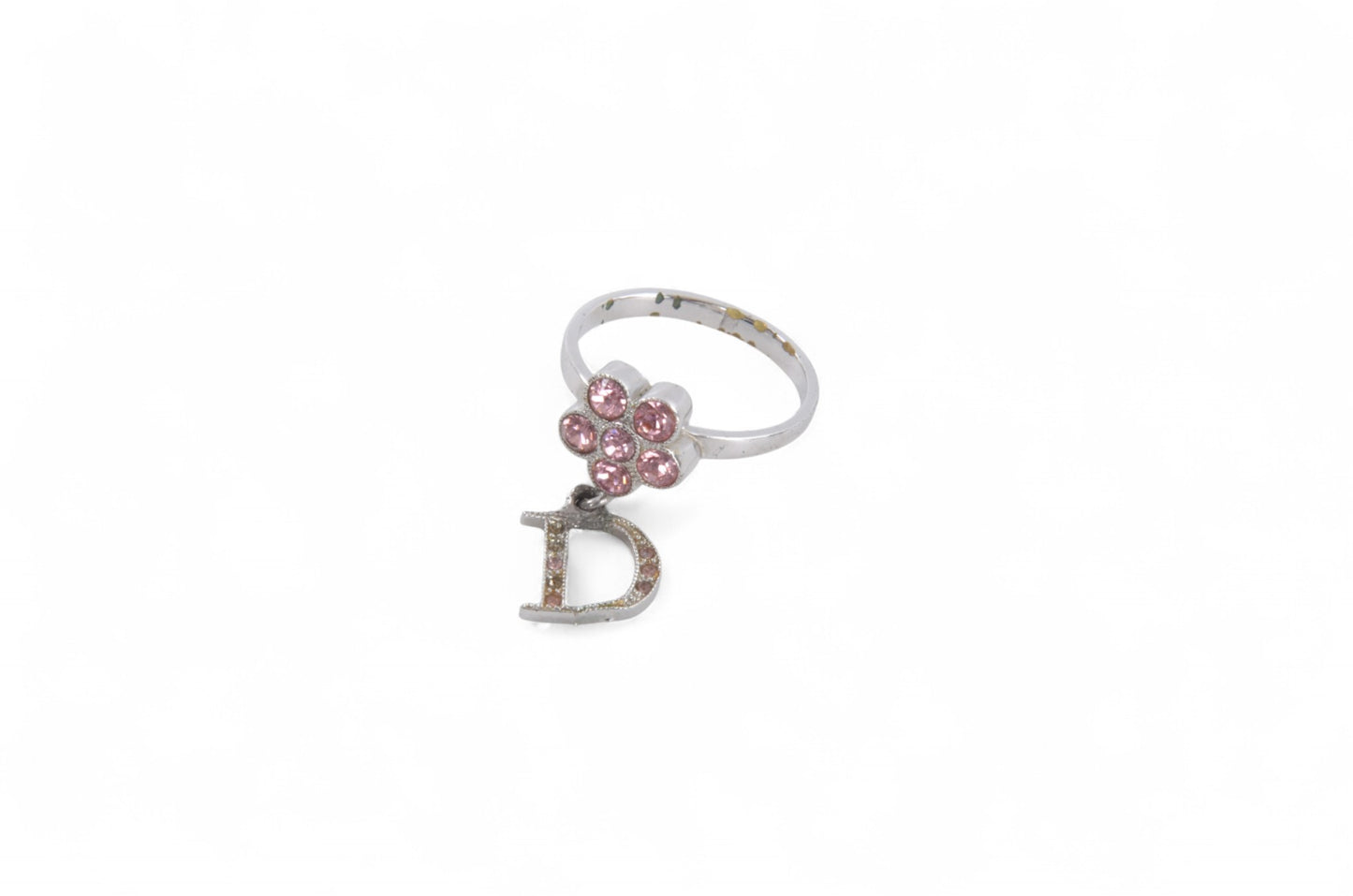Christian Dior Flower Band Ring Stone Silver tone Metal Rhinestone Vintage Designer Classic Pink