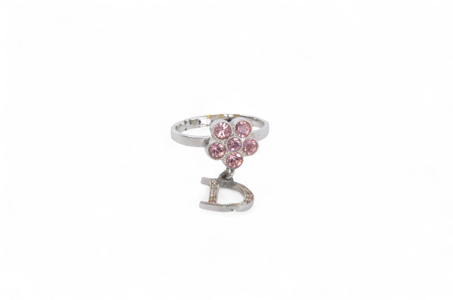 Christian Dior Flower Band Ring Stone Silver tone Metal Rhinestone Vintage Designer Classic Pink