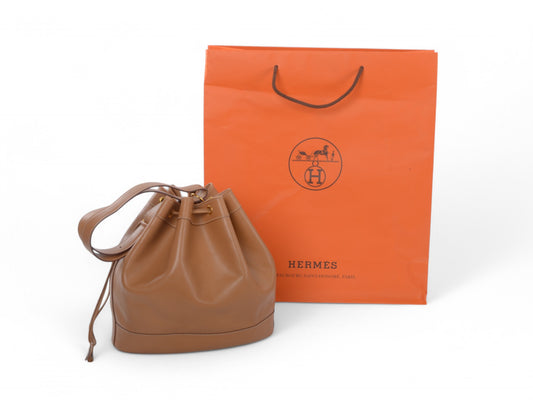 Hermès Market Shopping Bag Brown Calf Leather Shoulder Bag Drawstring Bucket