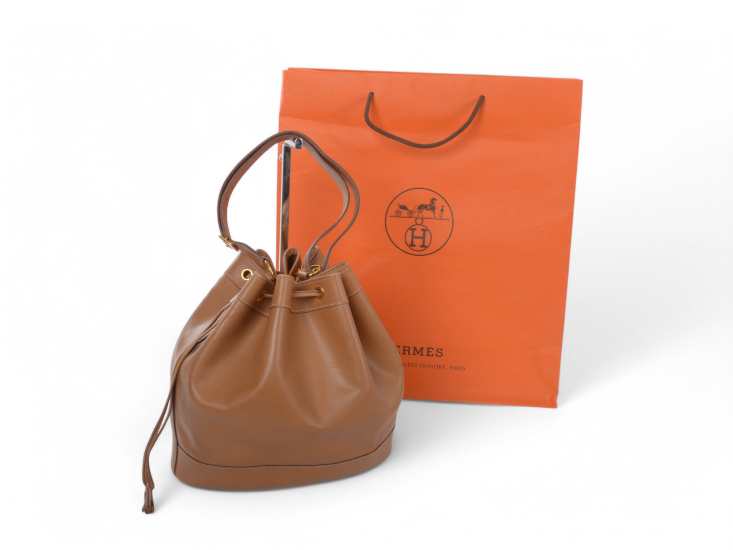 Hermès Market Shopping Bag Brown Calf Leather Shoulder Bag Drawstring Bucket
