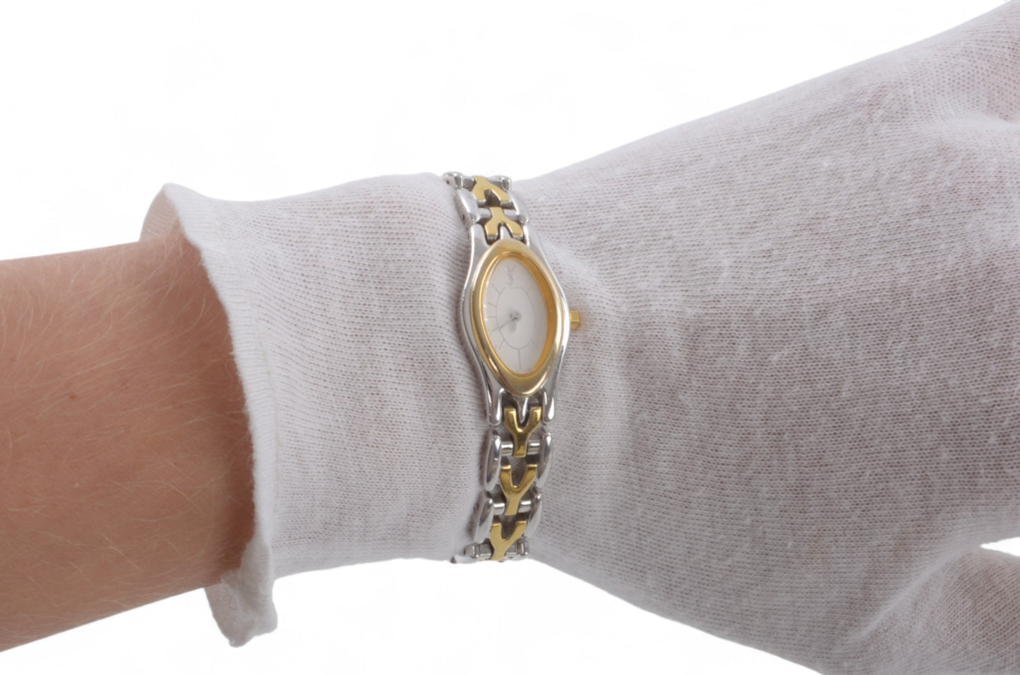 YSL Yves Saint Laurent Quartz Ivory Dial Almond Oval Metal Ladies Wrist Watch Vintage Designer Classic Authentic