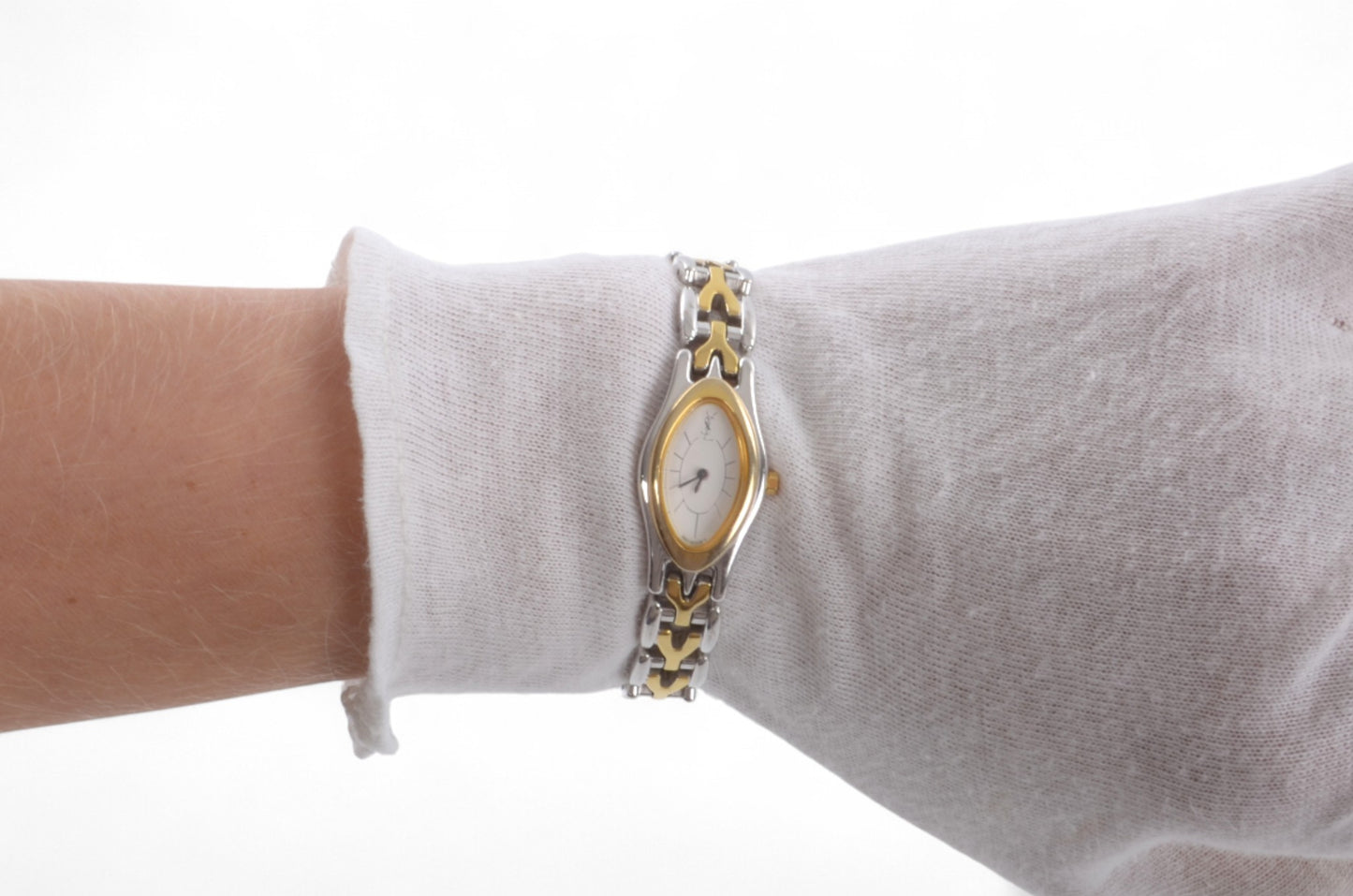 YSL Yves Saint Laurent Quartz Ivory Dial Almond Oval Metal Ladies Wrist Watch Vintage Designer Classic Authentic