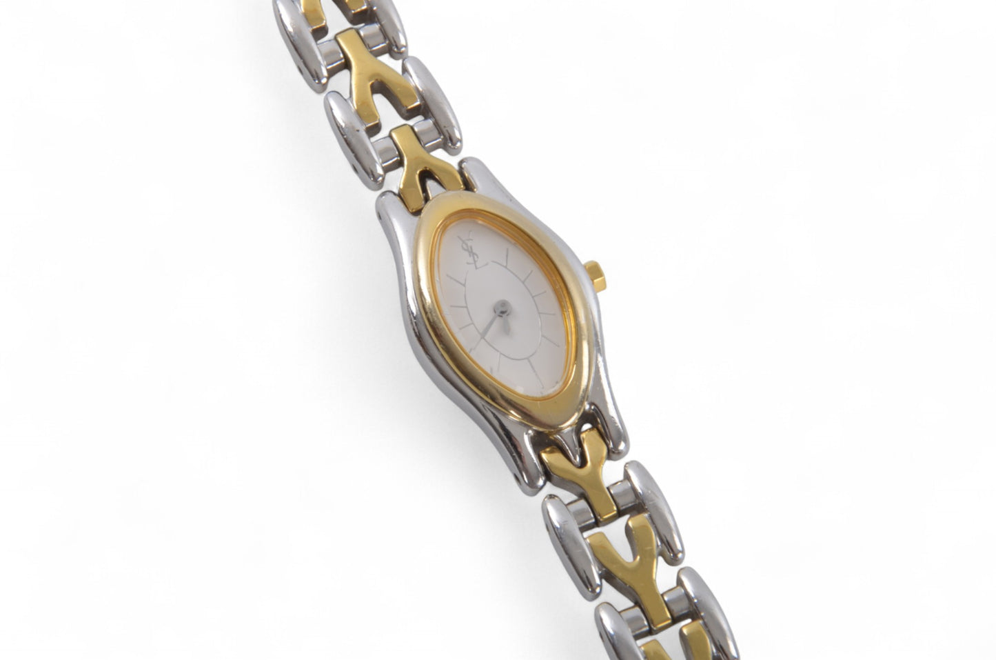 YSL Yves Saint Laurent Quartz Ivory Dial Almond Oval Metal Ladies Wrist Watch Vintage Designer Classic Authentic